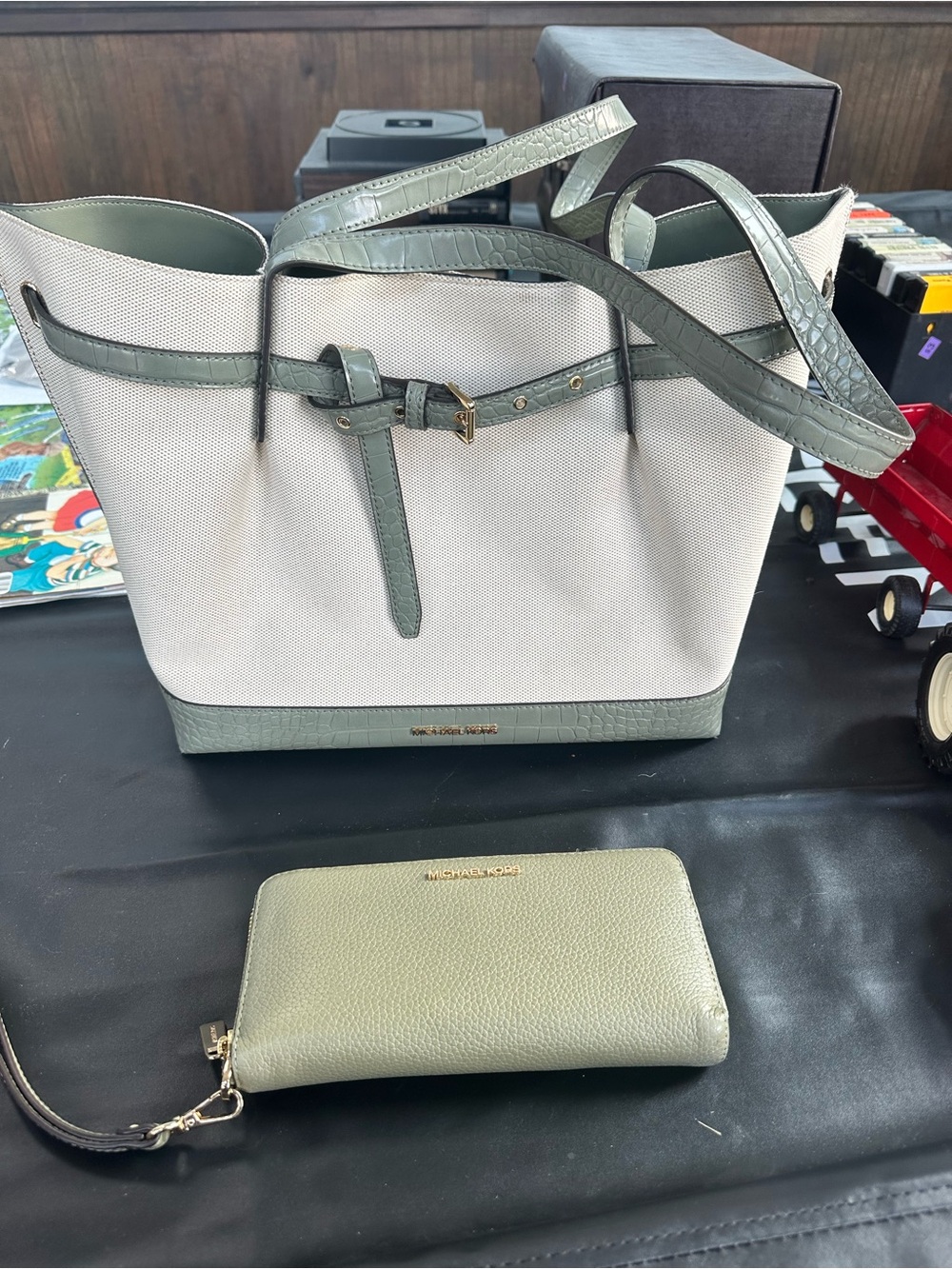 Michael Kors Cream Canvas Tote with Sage Green Leather Trim